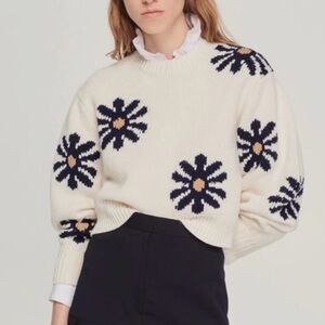 Sandro Jacquard Knit Top Round Neck Long Sleeve Short Top for Women Size 1